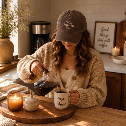 Coffee Makes Me Nice Embroidered Espresso Color Dad Hat