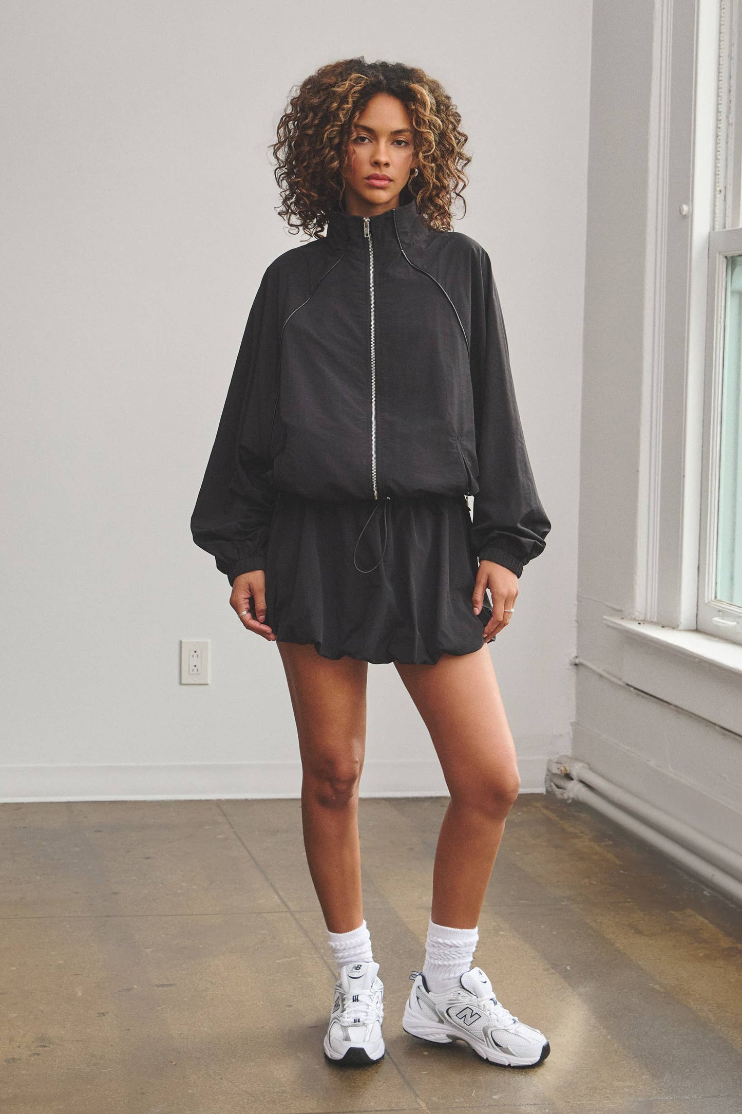 Oversize tracksuit jacket w/ bubble mini skort set
