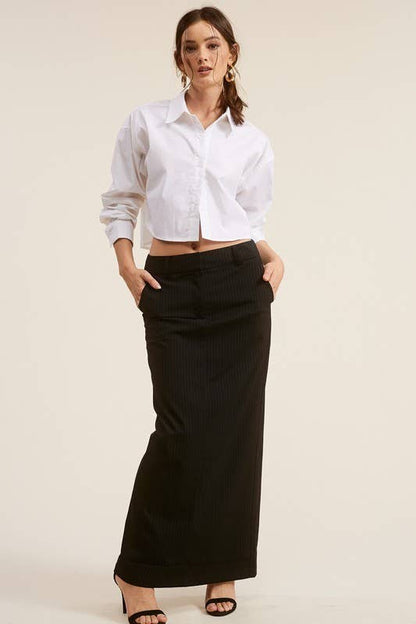 Classic Pinstriped Slim-Fit Maxi Skirt with Back Slit