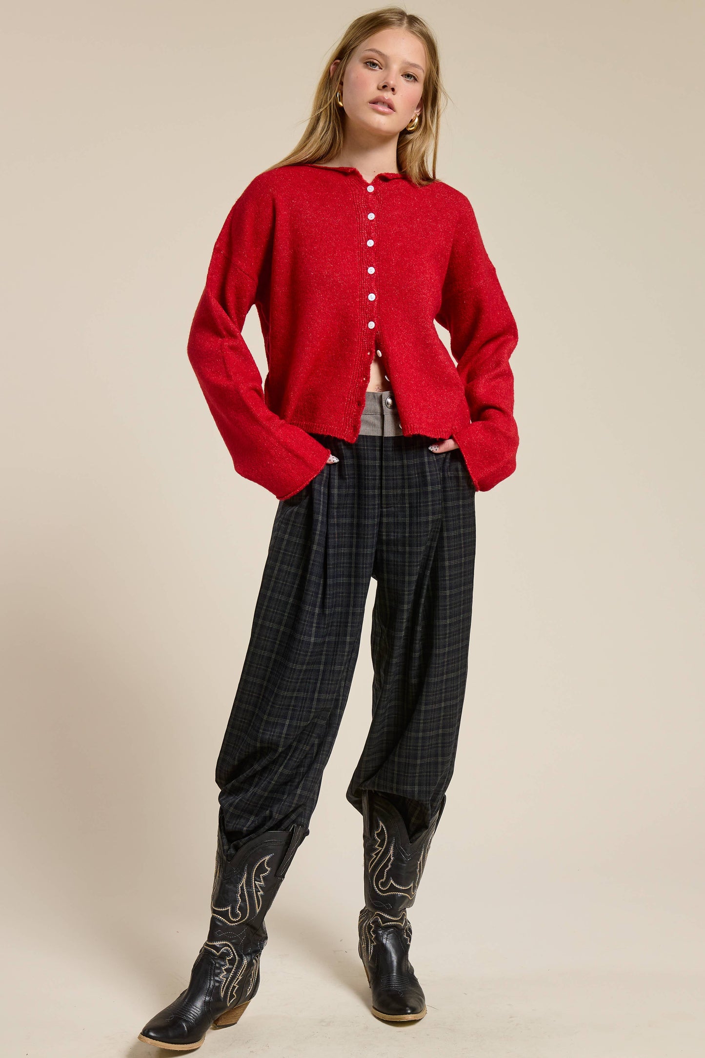 Plaid Pleated Trousers with Corduroy Waistband