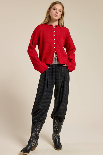 Plaid Pleated Trousers with Corduroy Waistband
