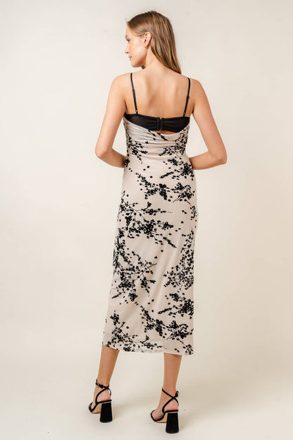 Black and Cream Floral Velvet Burnout Midi Dress
