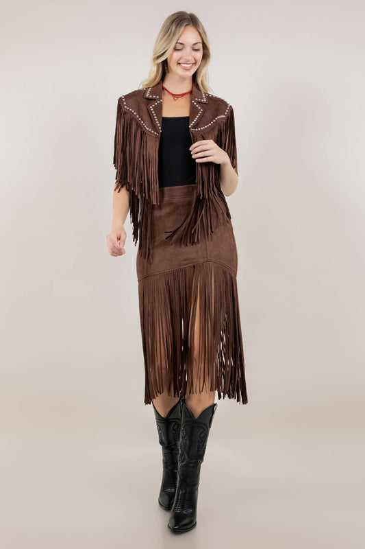 LAURA FRINGED FAUX SUEDE SKIRT