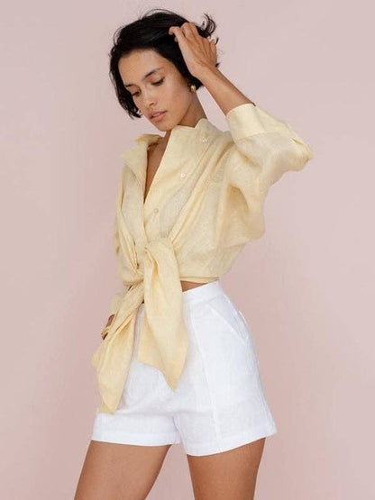 Casual Split-Front Solid Notched Collar Long Sleeve Blouse