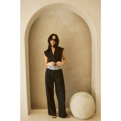 Denim Waistband Contrast Pinstripe Wide Leg