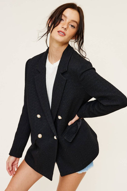 Tweed Blazer Jacket with Faux Pearl Button