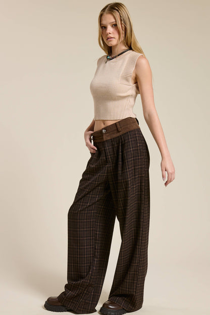 Plaid Pleated Trousers with Corduroy Waistband