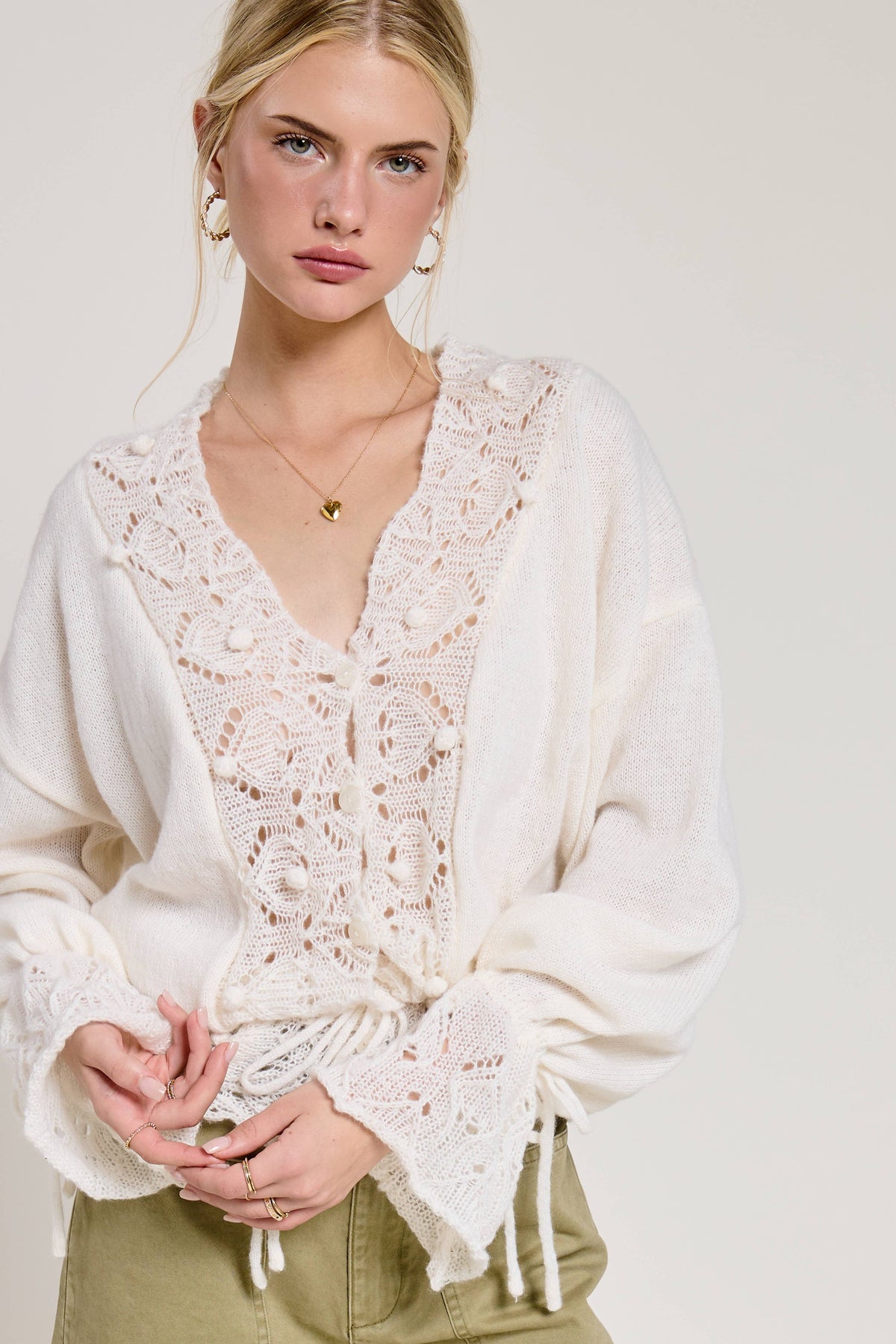 Crochet Lace Trim V Neck Knit Top