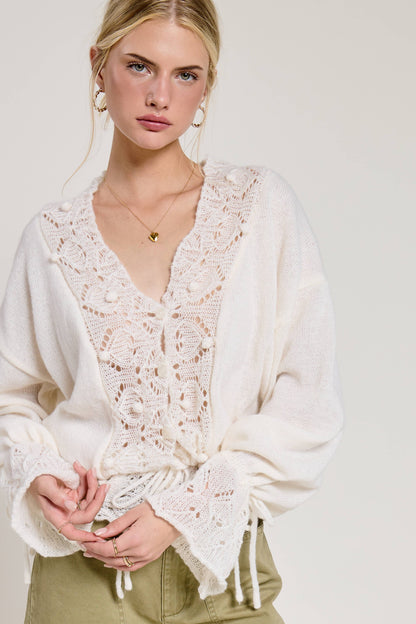 Crochet Lace Trim V Neck Knit Top
