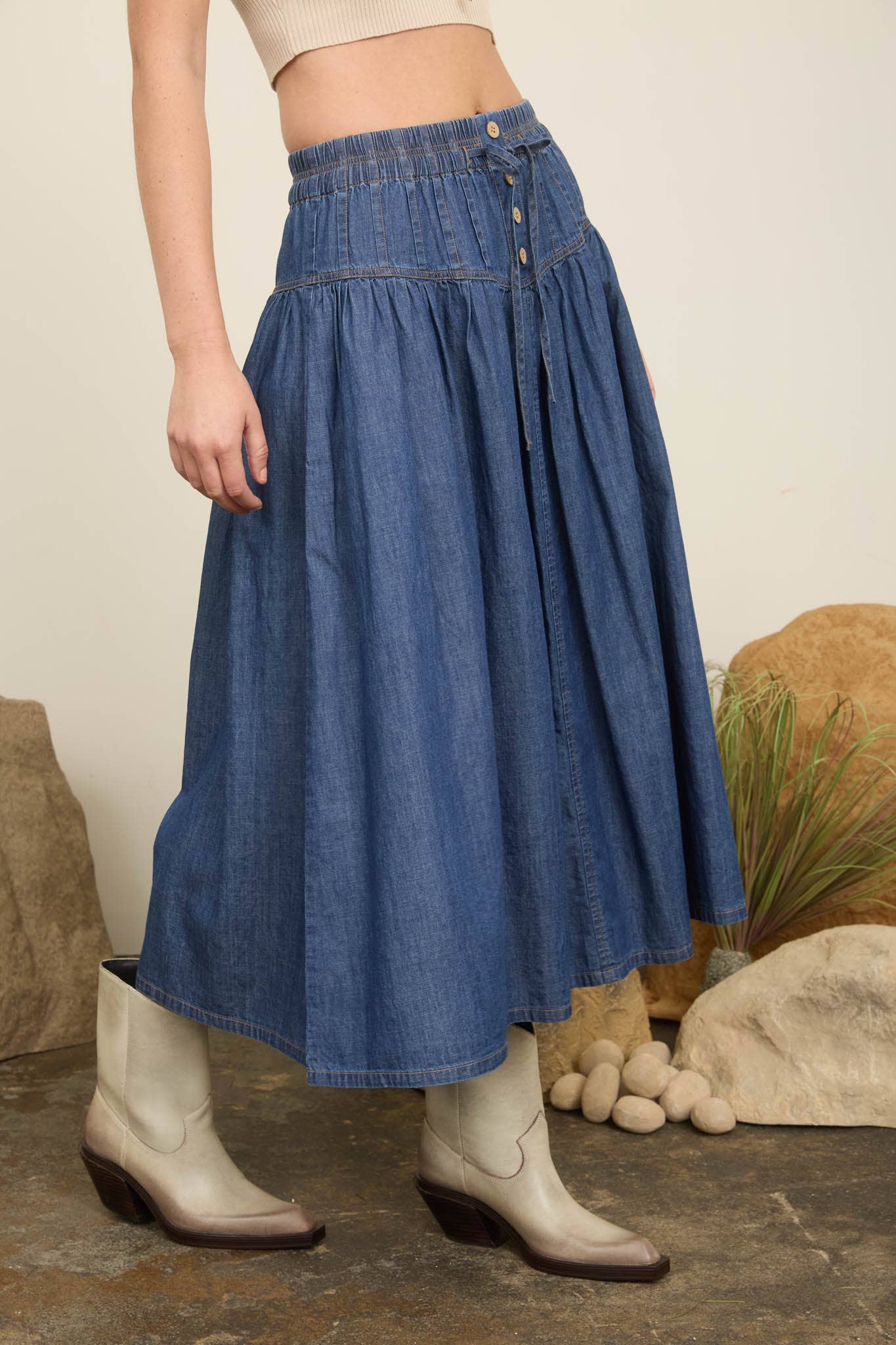 YOKE DETAIL DENIM MAXI SKIRT