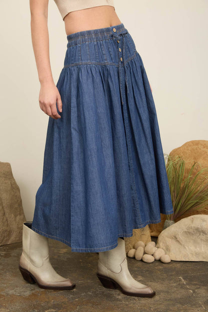 YOKE DETAIL DENIM MAXI SKIRT
