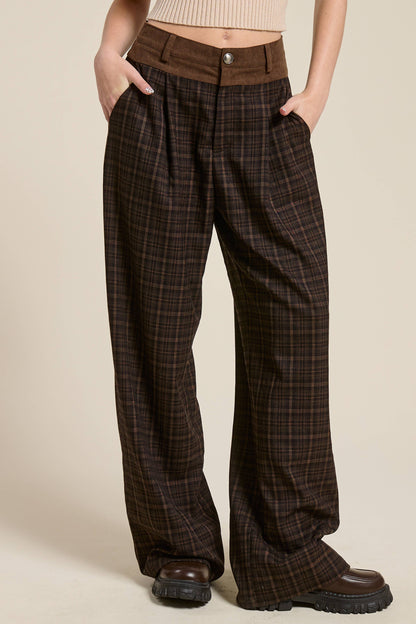 Plaid Pleated Trousers with Corduroy Waistband