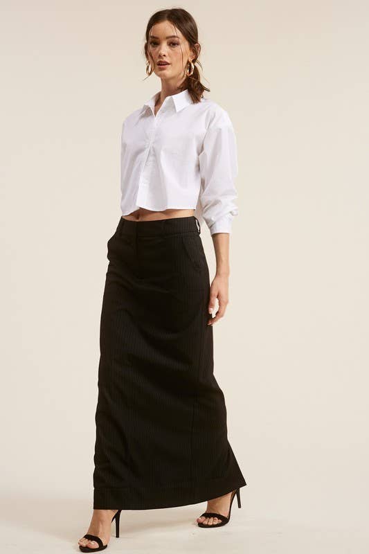 Classic Pinstriped Slim-Fit Maxi Skirt with Back Slit