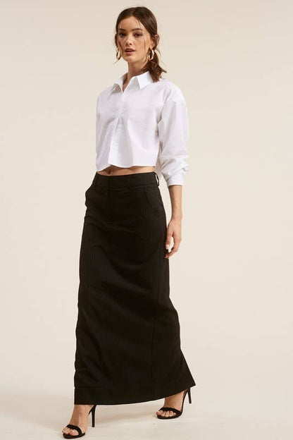 Classic Pinstriped Slim-Fit Maxi Skirt with Back Slit