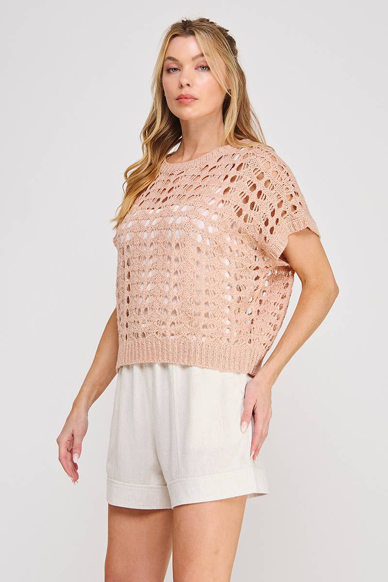 Blush Lurex Open Weave Dolman Sweater