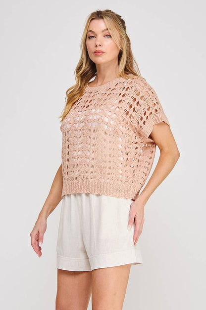 Blush Lurex Open Weave Dolman Sweater