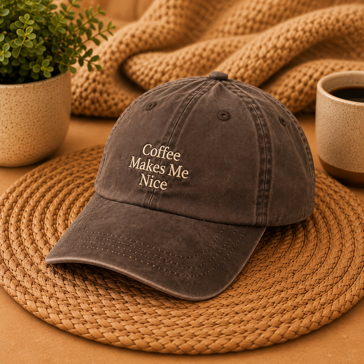 Coffee Makes Me Nice Embroidered Espresso Color Dad Hat