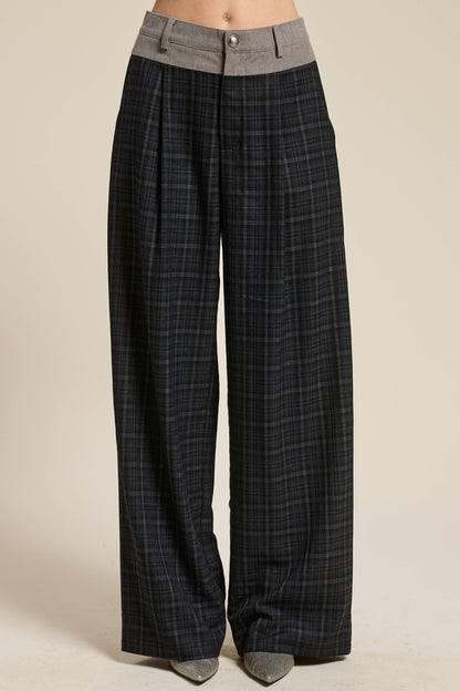 Plaid Pleated Trousers with Corduroy Waistband