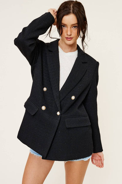 Tweed Blazer Jacket with Faux Pearl Button