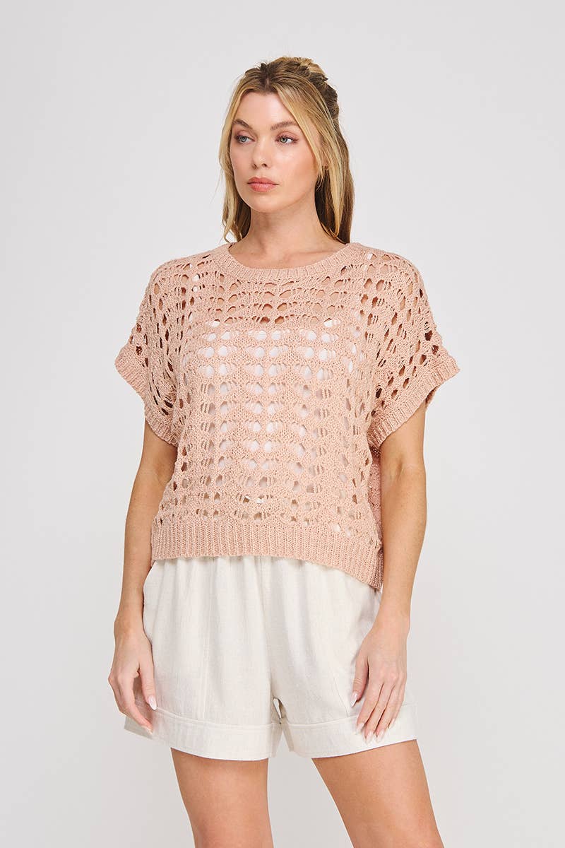 Blush Lurex Open Weave Dolman Sweater