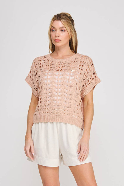 Blush Lurex Open Weave Dolman Sweater