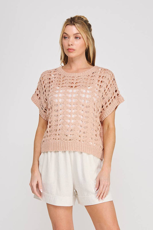 Blush Lurex Open Weave Dolman Sweater