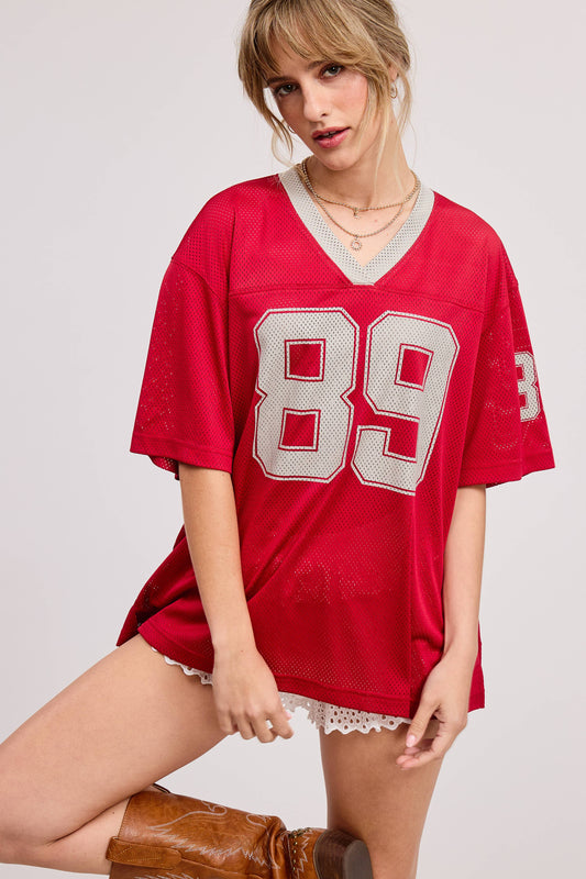 Sporty V Neck Short Sleeve Jersey Top with 89 Graphic Print