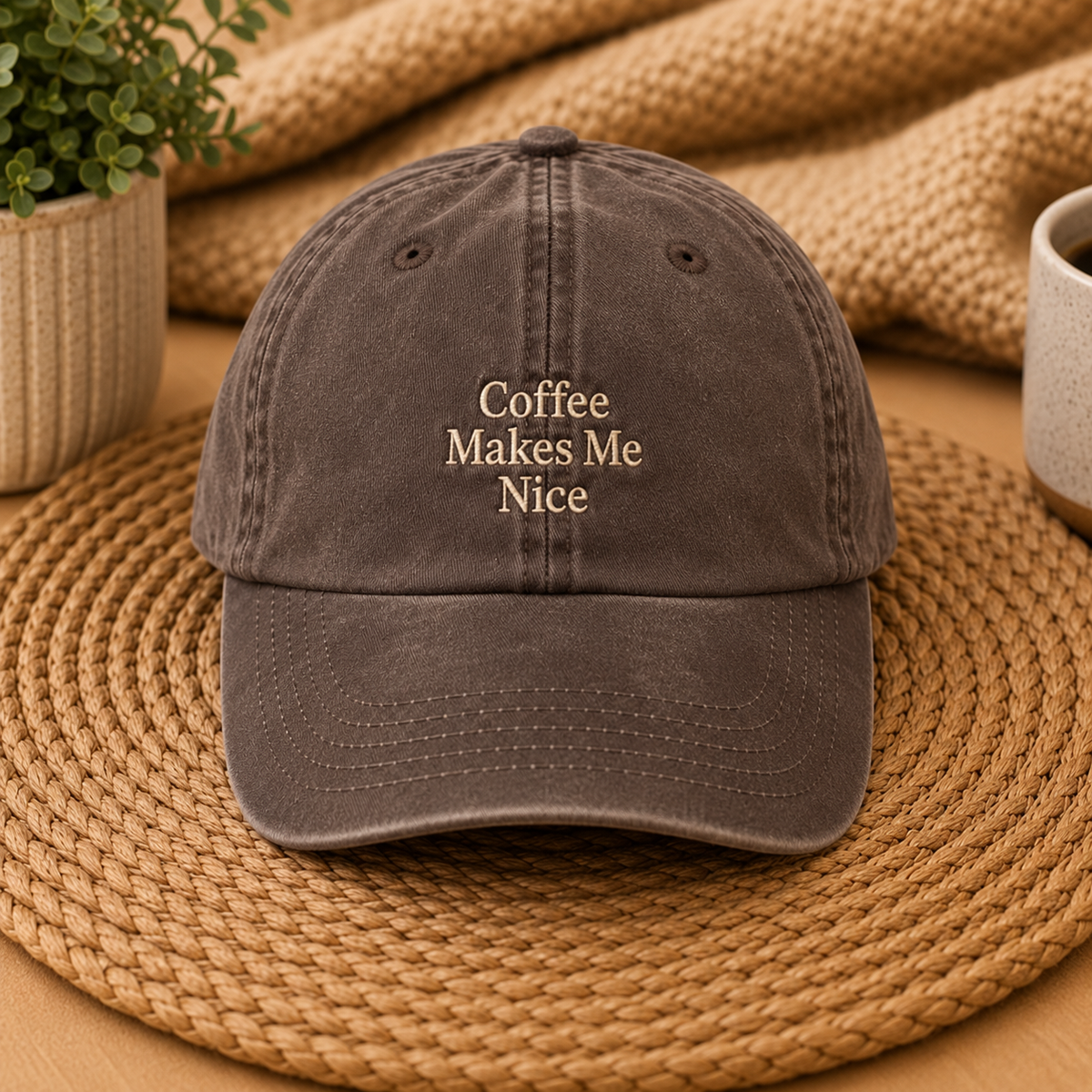 Coffee Makes Me Nice Embroidered Espresso Color Dad Hat
