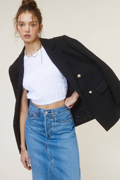Tweed Blazer Jacket with Faux Pearl Button