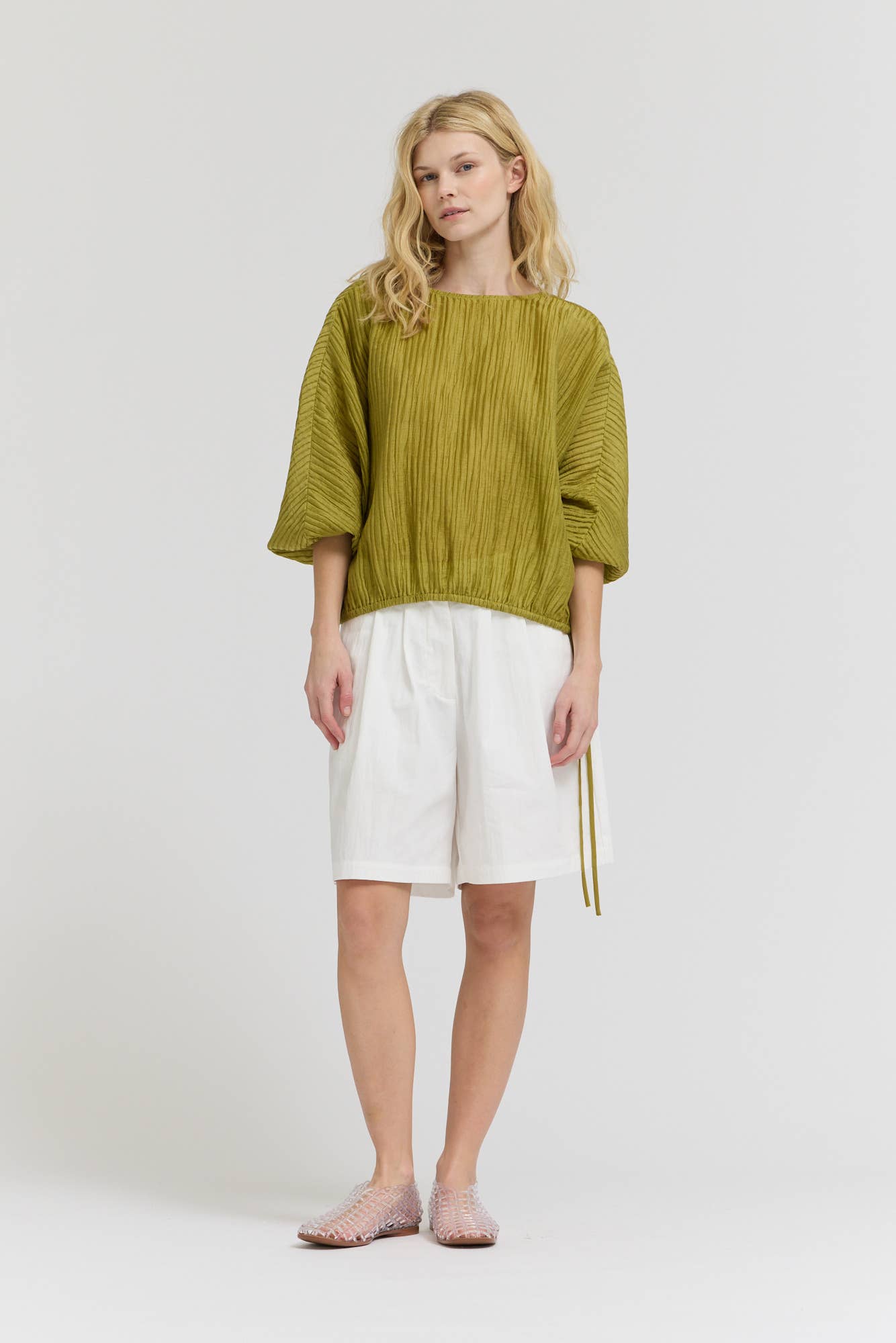 SHIRRED SLEEVE TENCEL BLOUSE