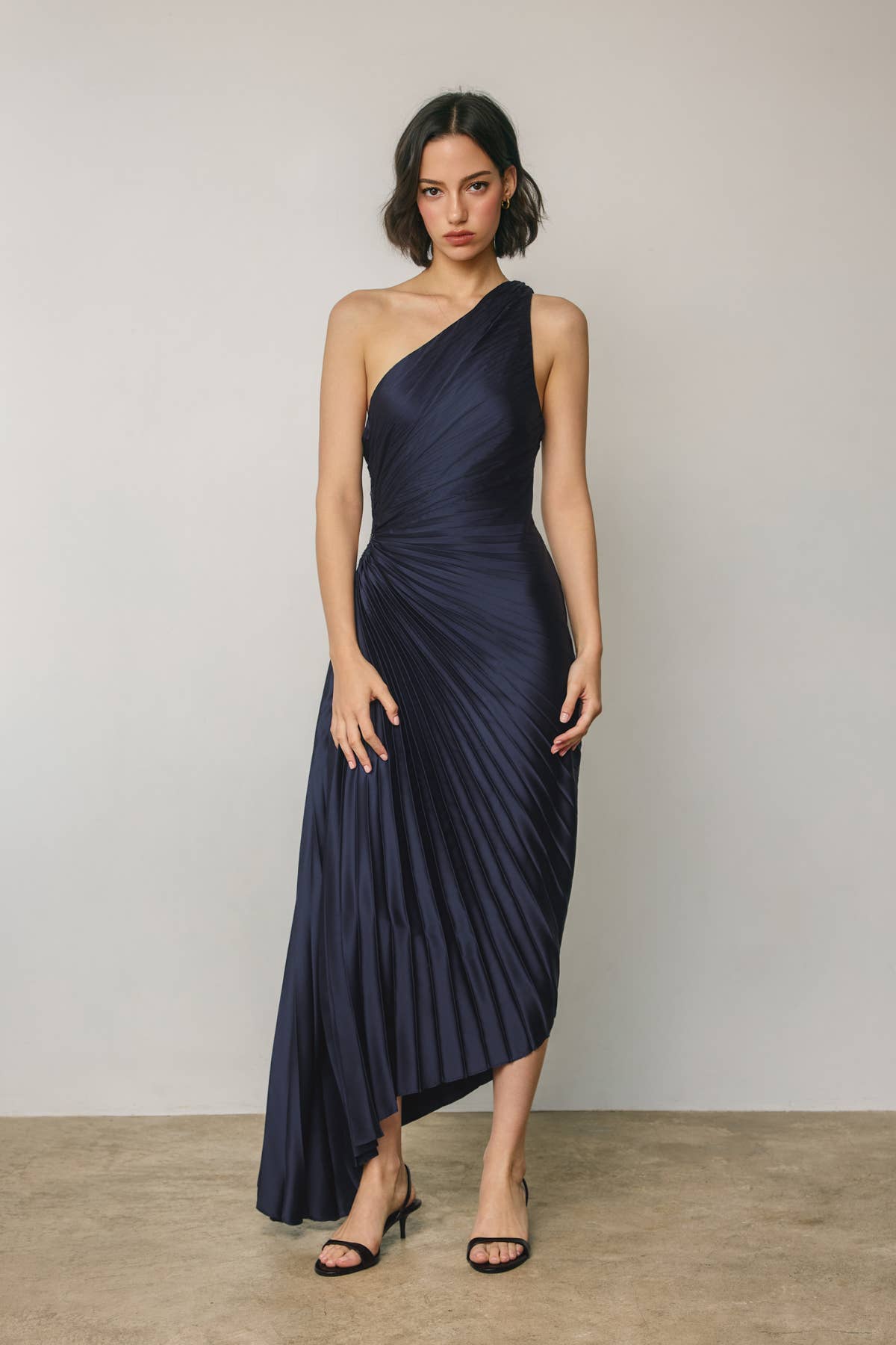 Satin One Shoulder Asymmetrical Pleated Dress