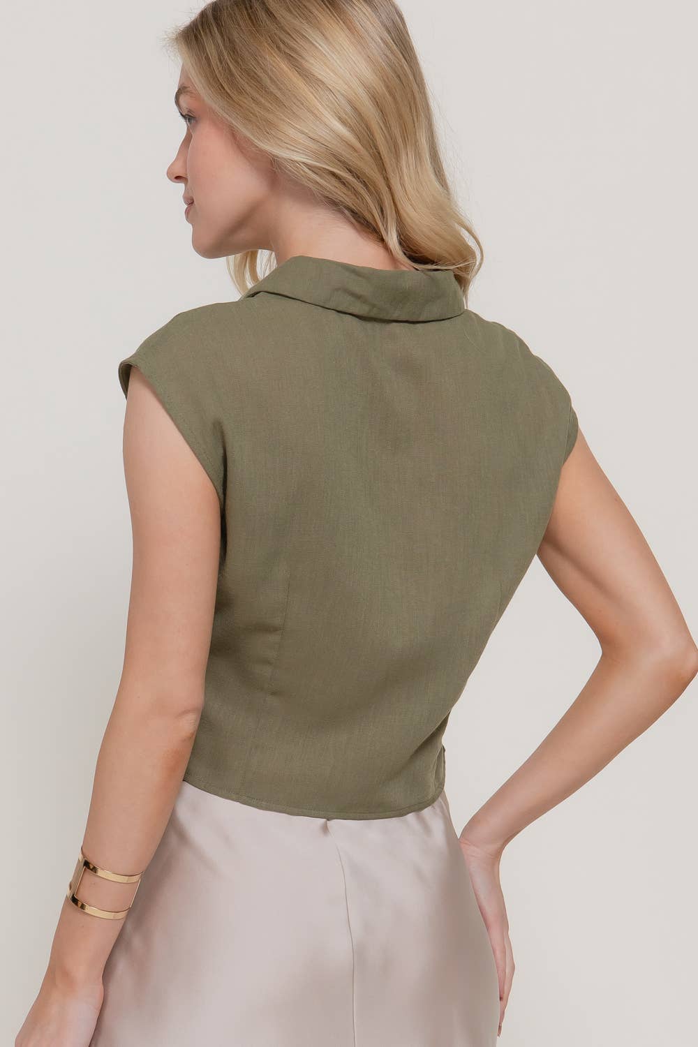 V-Neck Crossover Pleated Linen Top