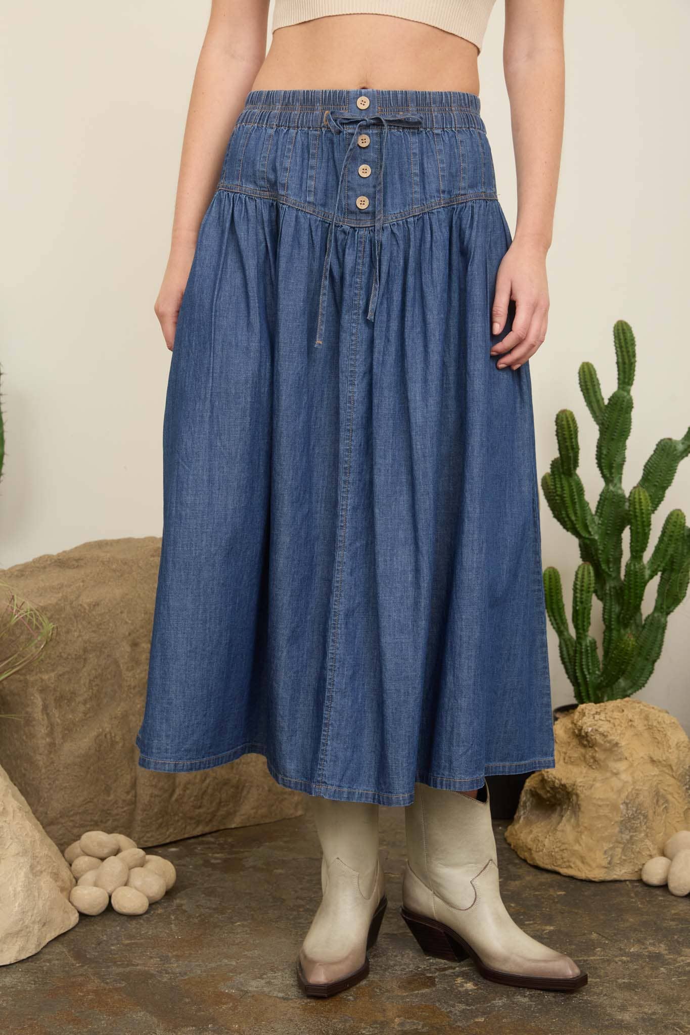 YOKE DETAIL DENIM MAXI SKIRT