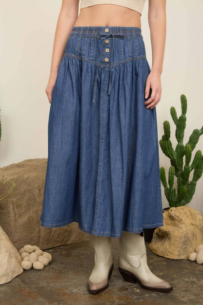 YOKE DETAIL DENIM MAXI SKIRT