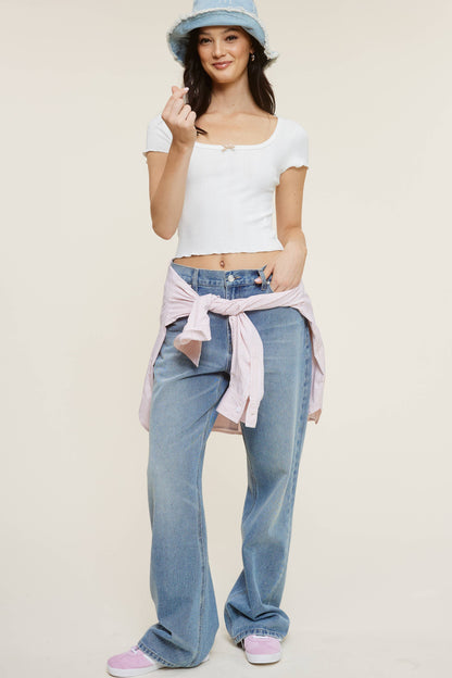 Short Sleeve Pointelle Knit Top with Front Ribbon