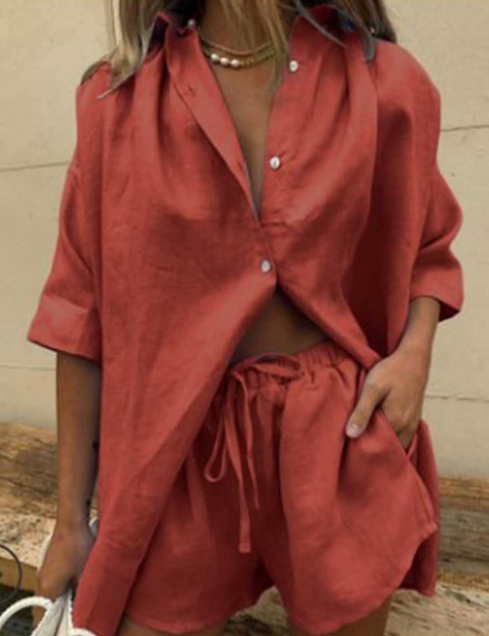 Ladies Button Down Shirt & Shorts Set
