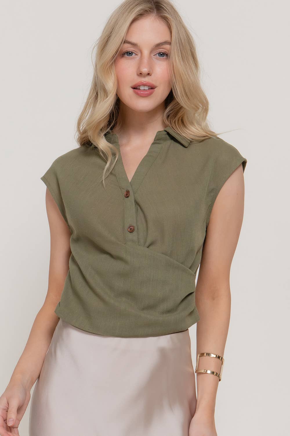 V-Neck Crossover Pleated Linen Top