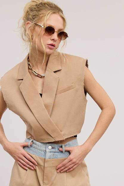 Cropped Collared Vest with Raw Hem