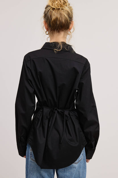 Fitted Collared Shirt Blouse with Back Self-Tie