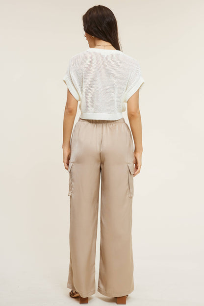 Satin Cargo Wide-Leg Pants