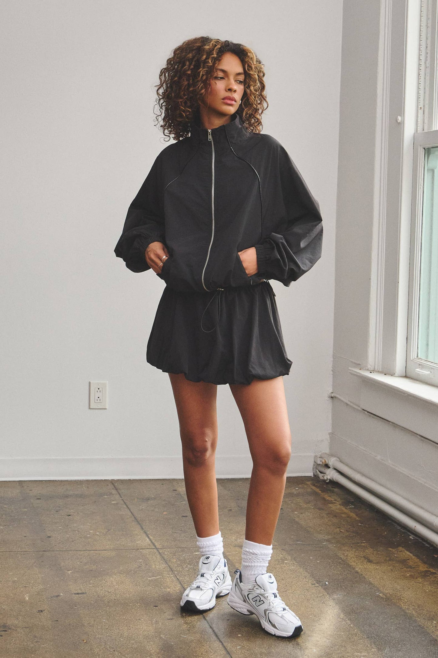 Oversize tracksuit jacket w/ bubble mini skort set