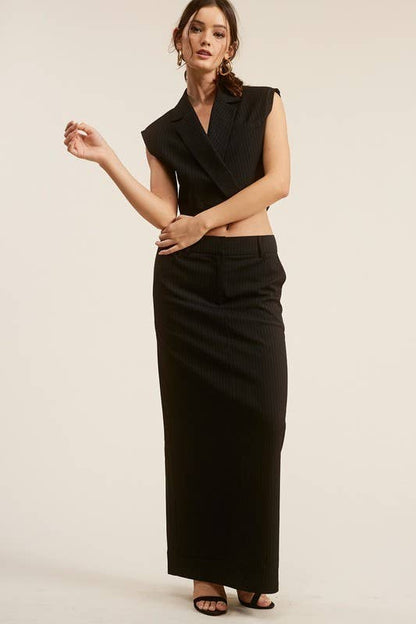 Classic Pinstriped Slim-Fit Maxi Skirt with Back Slit