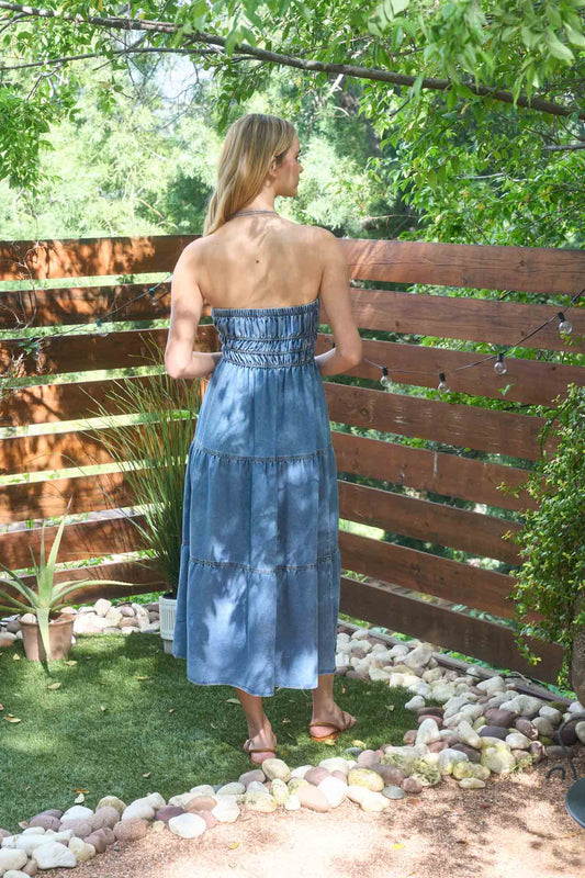 Strapless Shirred Tiered Denim Midi Sundress