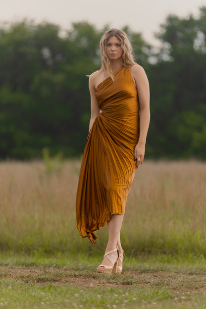 Asymmetrical Pleated Maxi Dress - Gold