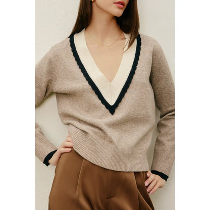 Varsity Contrast Deep V Neck Sweater