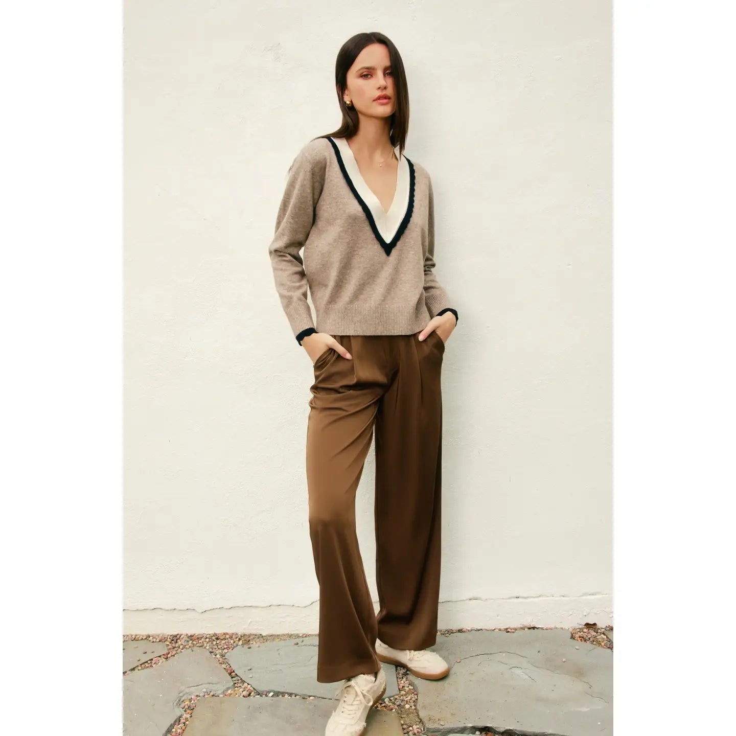 Varsity Contrast Deep V Neck Sweater