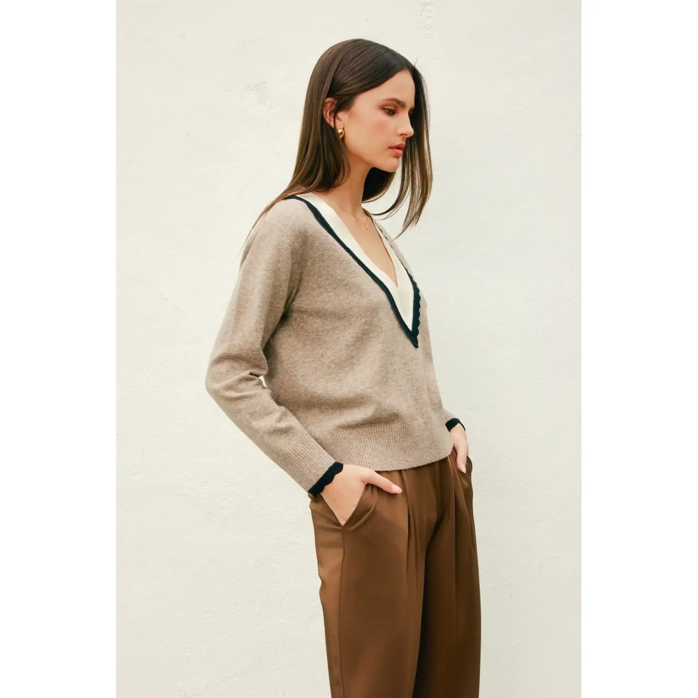 Varsity Contrast Deep V Neck Sweater