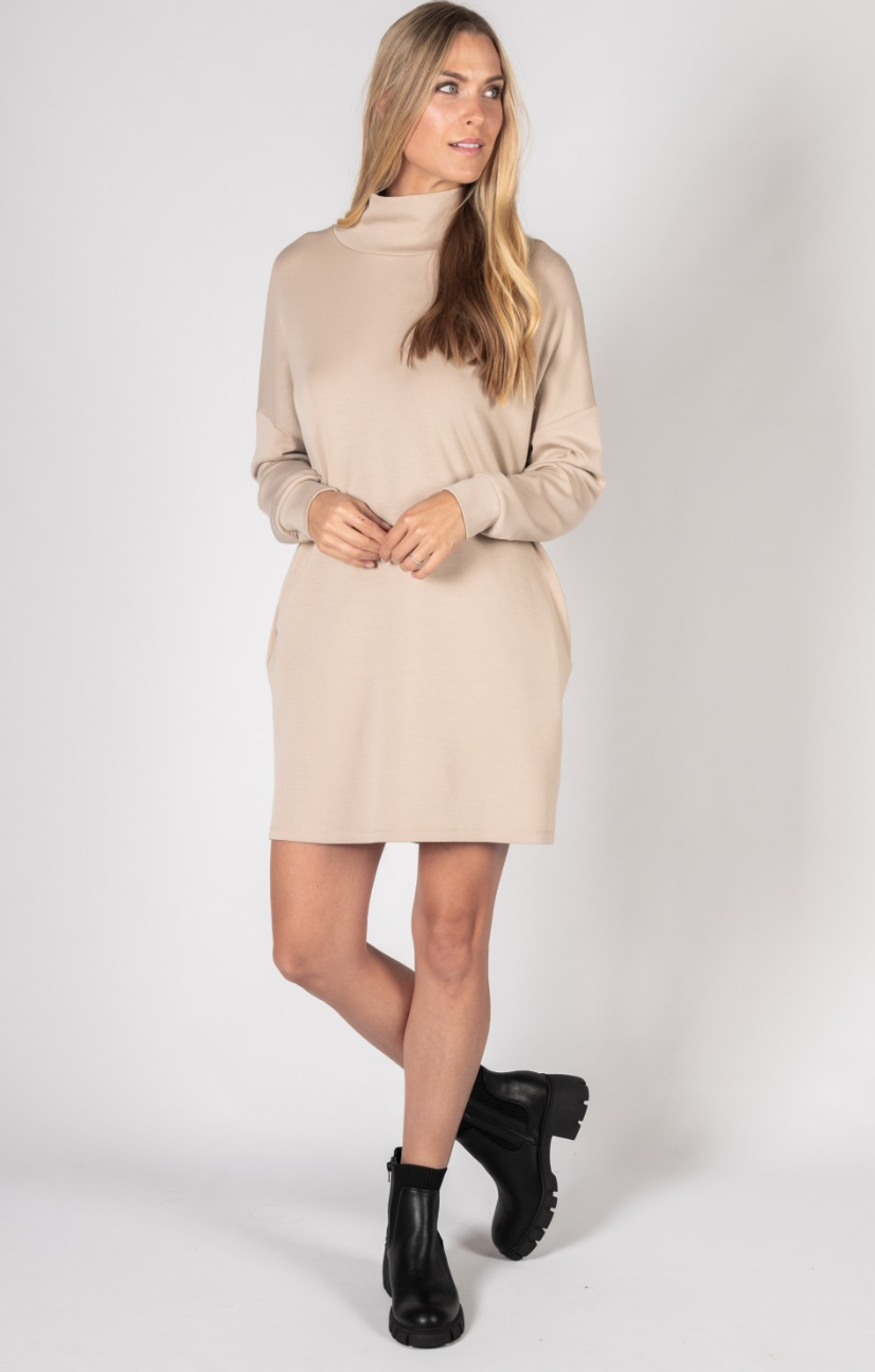 Taupe Scuba Cowl Neck Dress With Pockets