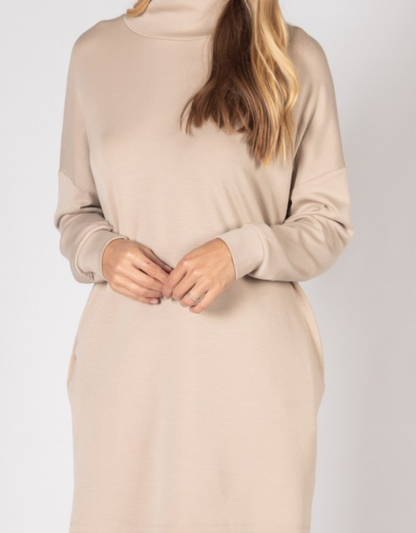 Taupe Scuba Cowl Neck Dress With Pockets