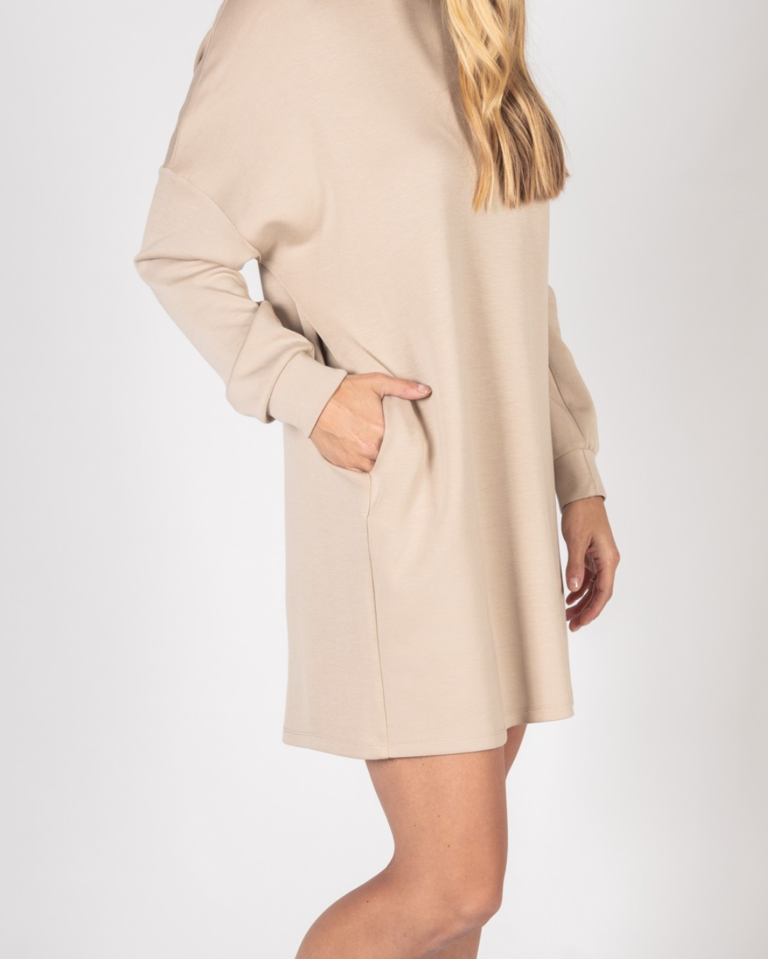 Taupe Scuba Cowl Neck Dress With Pockets